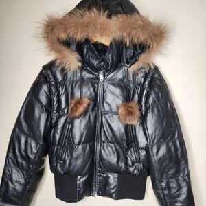 Y2K Black Leather Jacket Puffer Italian Lambskin Real Fur Hood Womens Large